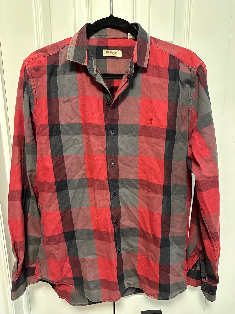 Burberry Red and Gray Checked Long-Sleeve Button-Down Shirt
